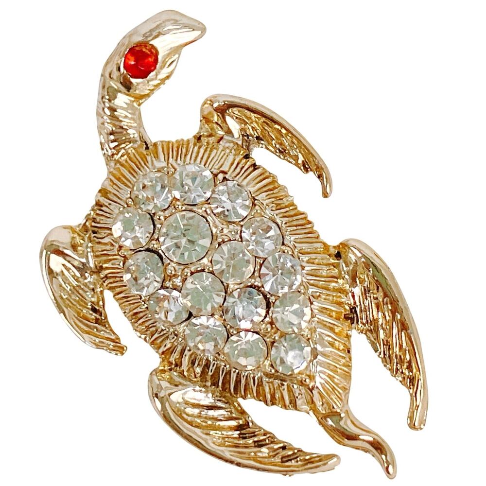 Vintage Gold Tone Turtle Brooch Rhinestone Shell Red Eye Pin 1960s Sparkling